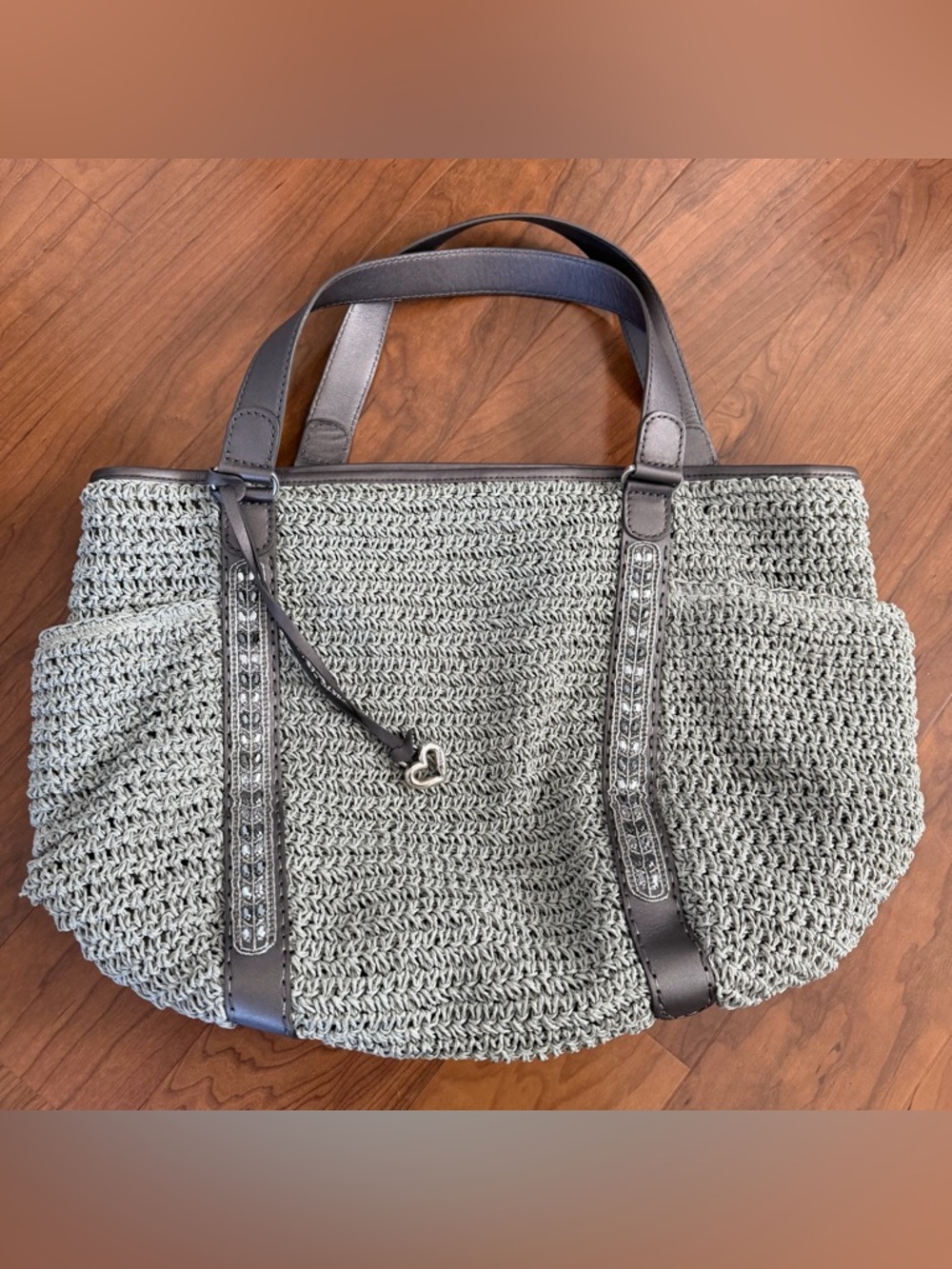 Brighton Aria Anju XLStraw Woven Leather Carryall Pewter Gray Tote Shoulder Bag